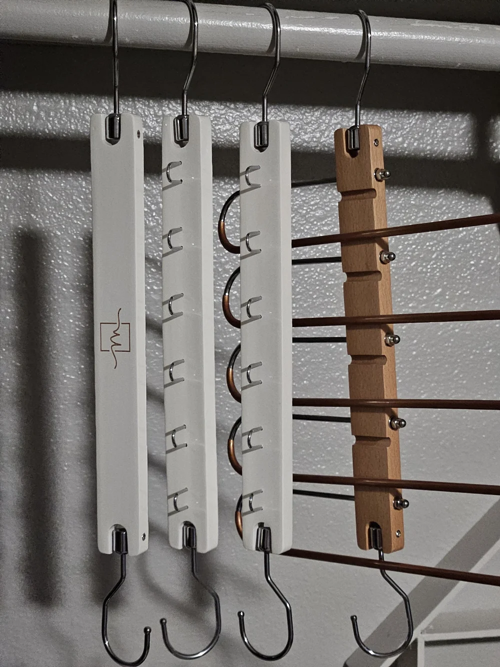 Space Saving Closet Organizers For Pants And Hangers in White and Wood